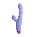 Purple dual stimulator with textured thrusting shaft and curved clitoral stimulator, featuring a sleek ergonomic design.