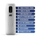 White M For Men Robo-bator male stroker with control buttons and key features listed alongside in blue text bars.