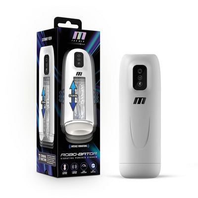 White M For Men Robo-bator male stroker with control buttons and packaging showing product features and cutaway view.