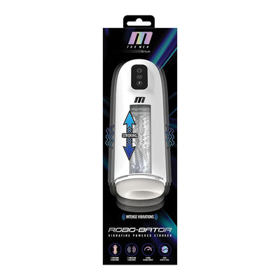 White M For Men Robo-Bator vibrating male stroker with textured inner sleeve and multiple vibration and stroking modes shown in packaging.