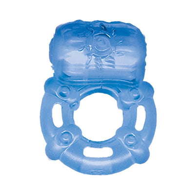 Blue vibrating cock ring with textured surface and sun design on top, made from stretchy material.