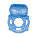 Blue vibrating cock ring with textured surface and sun design on top, made from stretchy material.