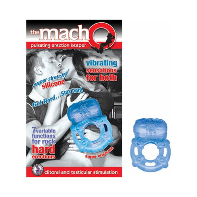 Blue Macho Pulsating Erection Keeper vibrating silicone ring with packaging showing couple and product features.