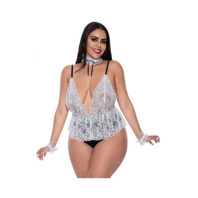 Woman wearing white lace teddy with deep V-neck, matching lace wrist cuffs, and choker accessory against white background.