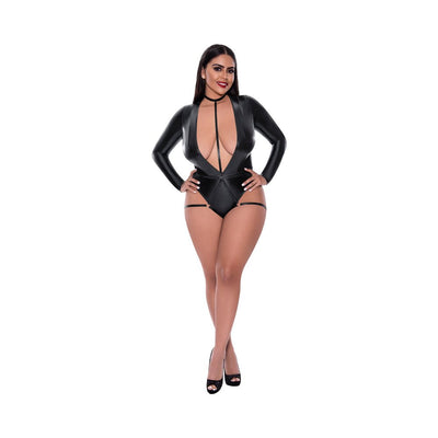 Magic Silk Liquid Onyx Long Sleeve Teddy With Harness Caging Black