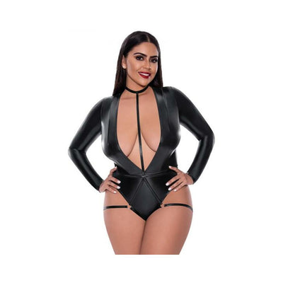 Magic Silk Liquid Onyx Long Sleeve Teddy With Harness Caging Black