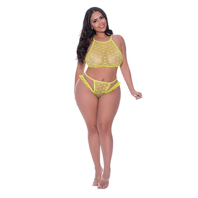 Magic Silk Love Star Halter Crop Bra & Cheeky Panty Set Neon Chartreuse