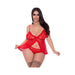 Woman modeling a red lace babydoll with adjustable straps and matching split crotch panty, paired with thigh-high stockings.