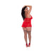 Curvy model wearing red lace babydoll with adjustable straps, matching thong, sheer thigh-high stockings, and red high heels.