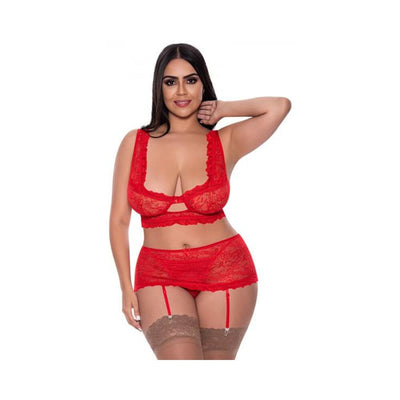 Magic Silk Ooh La Lace Bralette, Garter Skirt & G-string Set Red