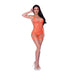Model wearing neon orange stirrup chemise with geometric mesh pattern and matching split crotch panty set.