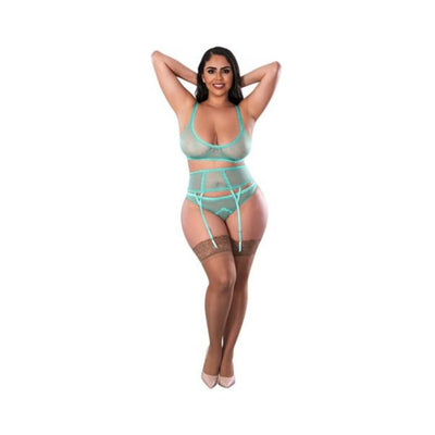 Magic Silk Soft Petals Bralette, Waist Cincher And Panty Set Aqua