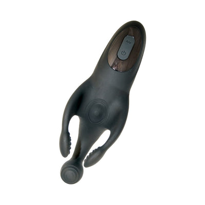 Black silicone Magic Thumping Masturbator with ergonomic handle and control buttons for multiple vibration settings.