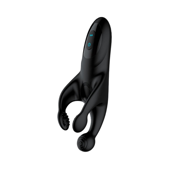Black ergonomic USB rechargeable silicone thumping vibrator with textured and smooth massage arms and control buttons.