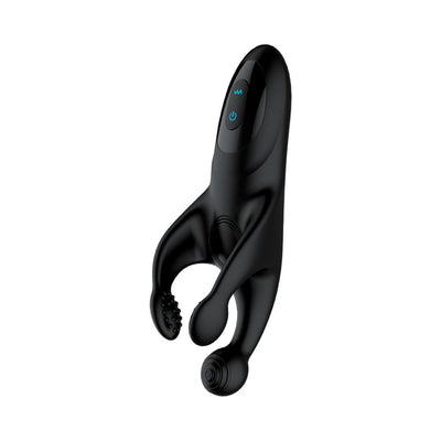 Black ergonomic USB rechargeable silicone thumping vibrator with textured and smooth massage arms and control buttons.