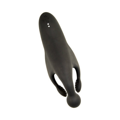 Black silicone Magic Thumping Masturbator with ergonomic shape and textured arms for targeted stimulation.