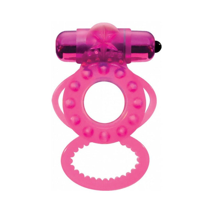 Magenta Magna Man vibrating cock ring with textured design and dual loops for enhanced stimulation and support.