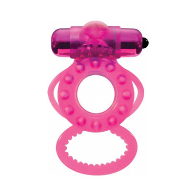 Magenta Magna Man vibrating cock ring with textured design and dual loops for enhanced stimulation and support.