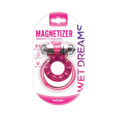 Pink magnetized dual strap cock ring with bullet vibrator in clear retail packaging labeled Wet Dreams Magnetizer
