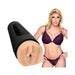Realistic flesh-toned Ultraskyn stroker with black case beside a blonde woman in purple lace lingerie.