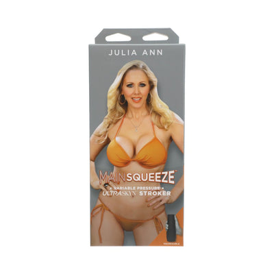 Packaging box for Main Squeeze Julia Ann Ultraskyn stroker featuring image of woman in orange bikini on gray background.