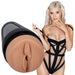 Main Squeeze Ultraskyn stroker with lifelike texture and model in black strappy lingerie.