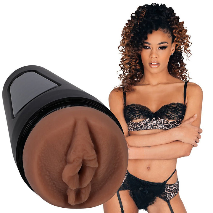 Main Squeeze Ultraskyn Pussy Stroker with lifelike texture shown next to a model in black lace and leopard print lingerie.
