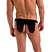 Back view of a man wearing a black Maitre D thong with tuxedo-style flaps and a cheeky cut design.