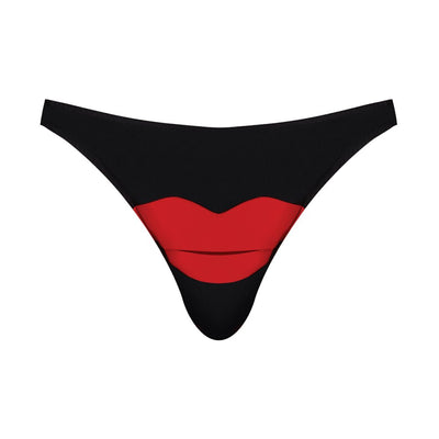 Black men's bikini underwear with a bold red lips graphic on the front pouch area.
