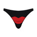 Black men's bikini underwear with a bold red lips graphic on the front pouch area.
