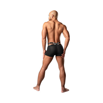 Rear view of a muscular man wearing black Male Power Infinite Comfort amplifying strappy pouch shorts with dual elastic waistbands.