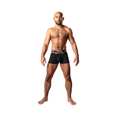 Athletic man wearing black Male Power Infinite Comfort amplifying strappy pouch shorts with dual elastic waistbands.