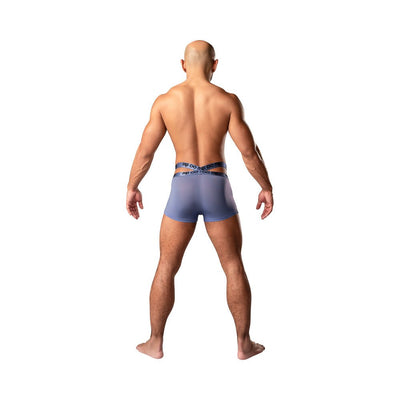 Rear view of a man wearing periwinkle amplifying strappy pouch shorts with double elastic waistbands.