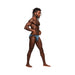 Athletic man wearing blue low-cut Male Power Inter-mingle Moonshine jock brief standing in profile on white background.