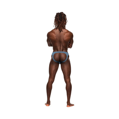 Rear view of a man wearing Male Power Inter-mingle Moonshine Blue jock brief with exposed back and embossed tone-on-tone design.
