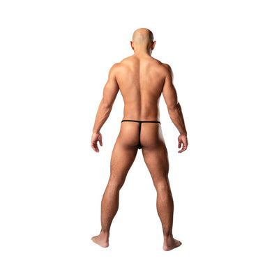 Rear view of a male model wearing a black Male Power Kaleidickscope adjustable posing strap G-string.