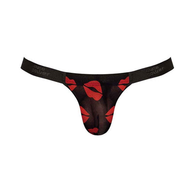 Black male micro thong with red lips print and branded waistband, made from sheer mesh fabric.