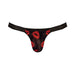 Black male micro thong with red lips print and branded waistband, made from sheer mesh fabric.