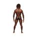 Rear view of a man wearing Male Power Magnificence black jockstrap with plush elastic waistband and leg bands.
