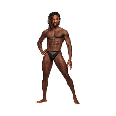 Athletic man wearing black Male Power Magnificence jockstrap with metal grommet details and plush elastic waistband.