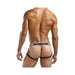Rear view of a man wearing a black Peep Show jock strap with elastic waistband and leg bands featuring decorative metal rings.