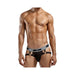 Male model wearing black Peep Show jock strap with decorative metal rings and branded elastic waistband.