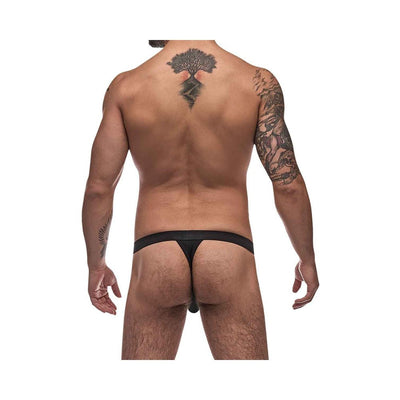 Rear view of a man wearing a black Male Power Pure Comfort Modal Bong Thong with tattooed arms and upper back.