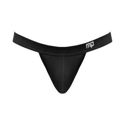 Black male thong with contoured pouch and branded elastic waistband, designed for comfort and style.