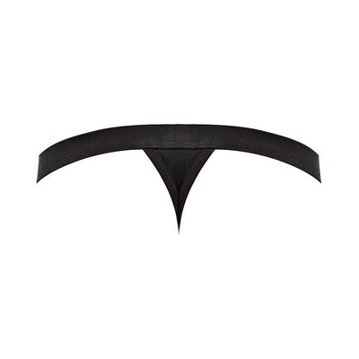 Black male thong with low-rise waist and contoured pouch made from soft, breathable modal fabric.