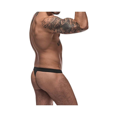 Male model wearing black Male Power Pure Comfort Modal Bong Thong showcasing low rise and minimal back coverage.