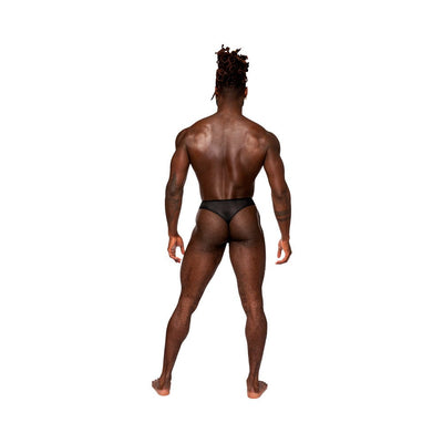 Rear view of a male model wearing a black lace open ring thong with sheer mesh and solid panels.