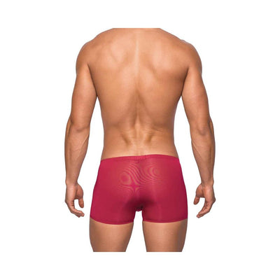 Back view of a man wearing seamless wine-colored mini shorts with a sheer finish.