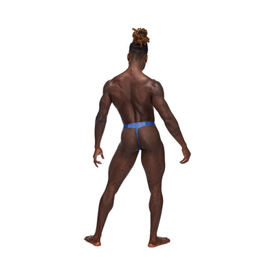 Rear view of a man wearing a blue Male Power Sexagon Micro V Thong with a branded waistband and minimal back coverage.