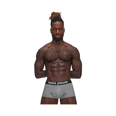 Male model wearing Male Power Sexagon Mini Short with hexagon print and branded waistband on white background.